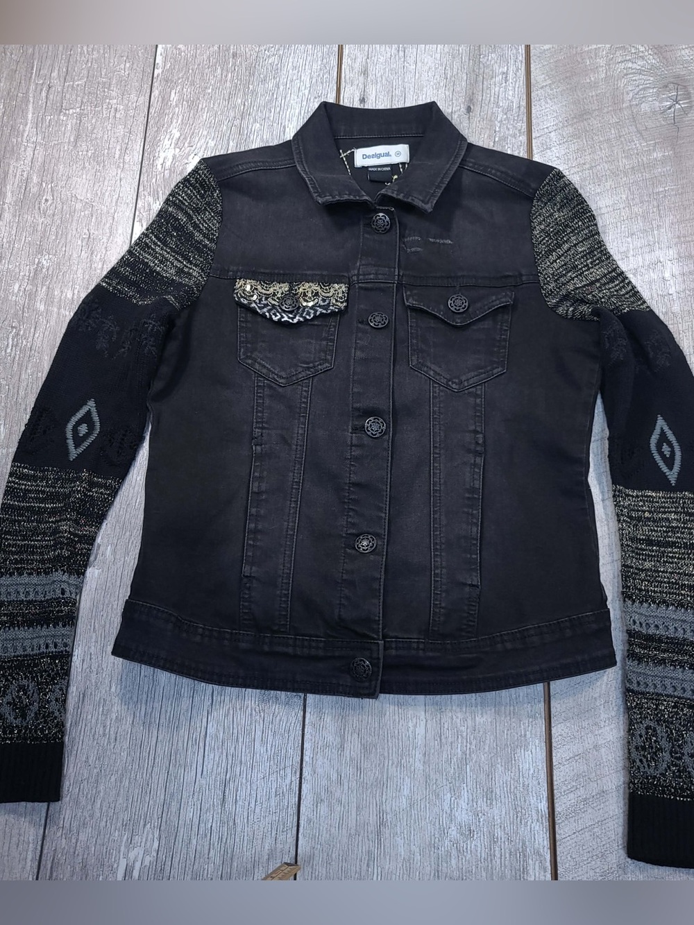 Desigual women’s medium “global traveller black denim jacket artsy boho unique